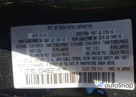 2014 Mazda Cx-9 Touring z USA, uszkodzony, nr VIN JM3TB3CVXE0446509